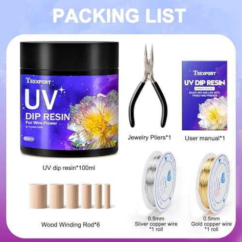 Teexpert UV Resin Dip for Wire Flowers Kit, 100g Crystal Clear UV Dip Resin with Pliers, 2Pcs 31FT Wires for Wire Shapes, Fast Cure Thick Glue for Jewelry Making, Holiday Surprise for DIY Art Crafts - Image 6