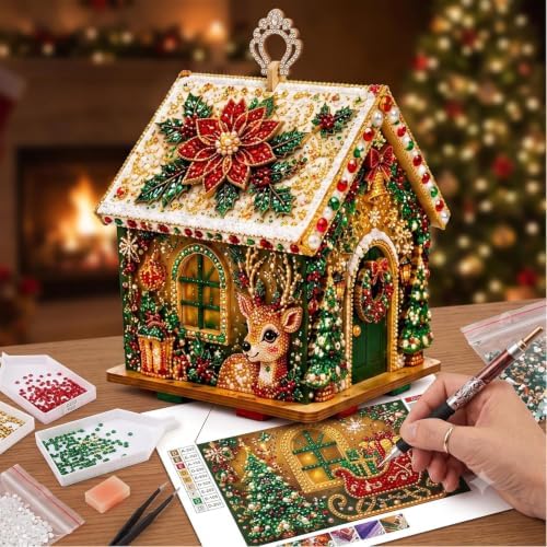 FRANDEK Deer Poinsettia House Diamond Art Painting Christmas House Ornament by FRANDEK
