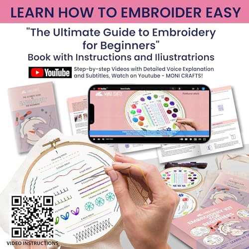 Moni Crafts Embroidery Kit for Beginners – DIY Hand Embroidery Set for Adults with 4 Stamped Patterns, Hoop, Threads, Needles and Step-by-Step Stitch Guide to Learn 33 Stitches - Image 3