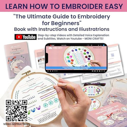 Moni Crafts Embroidery Kit for Beginners – DIY Hand Embroidery Set for Adults with 4 Stamped Patterns, Hoop, Threads, Needles and Step-by-Step Stitch Guide to Learn 33 Stitches - Image 3