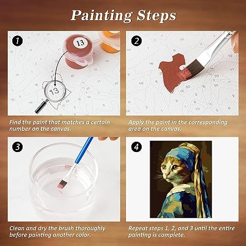 NiArt Paint by Numbers for Adults Beginners, DIY Paint by Numbers on Canvas for Kids, Oil Painting Kits for Gift Home Wall Decor,10 Brushes and Acrylic Paint,12x16 Inch,(Pearl Earring Cat, with Frame) - Image 6