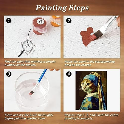 NiArt Paint by Numbers for Adults Beginners, DIY Paint by Numbers on Canvas for Kids, Oil Painting Kits for Gift Home Wall Decor,10 Brushes and Acrylic Paint,12x16 Inch,(Pearl Earring Cat, with Frame) - Image 6