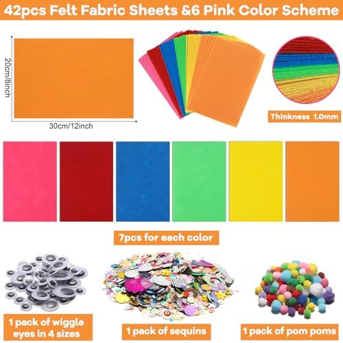 42Pcs Colorful Felt Fabric Sheets 8 x 12 Inch Assorted Red Pink Blue Soft Thick Felt Pack with Wiggle Google Eyes Pom Poms Glitter Patchwork Craft Supply for DlY Sewing Creative Art Project Decor - Image 2