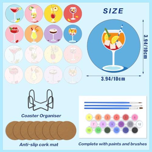 8 Pack Drinks Paint by Numbers Kits Coasters with Holder Cork Pads - Image 2