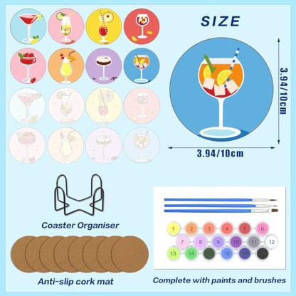 8 Pack Drinks Paint by Numbers Kits Coasters with Holder Cork Pads - Image 2