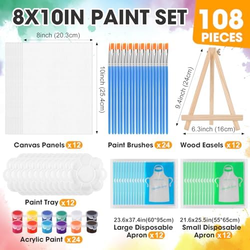 ESRICH 12 Pack 8x10 Canvas and Easel Set, Mini Acrylic Paint, Paint Brushes, Palettes, Aprons, Painting Kits for Adults Couples Friends Date Night Sip and Paint Party Supplies - Image 2