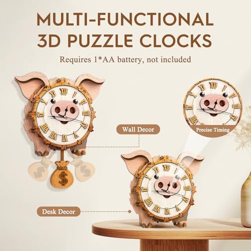 3D Puzzles for Adults Wooden Pig Puzzle Clock Adult Crafts - Image 2
