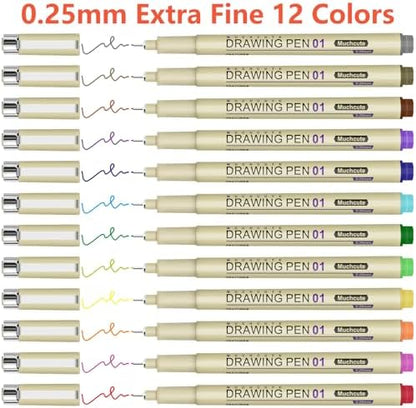 Muchcute Micro Fineliner Drawing Art Pens: 20 Set (12 Colors 01 & 8 Black) - Image 2