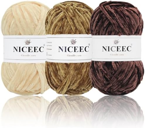 NICEEC 3 Skeins Soft Chenille Yarn 3 x85m (3X 93yds, 3X 50g)_Brown Series by NICEEC