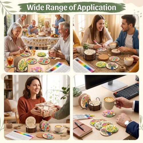 Wooden Drink Coasters Kits for Adults, 65 Pcs Paint Your Own Set with 24 Markers, 20 Coasters, 20 Cork Mats, 1 Holder(Flower) - Image 6