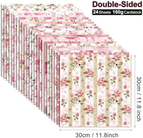 Pink Scrapbook Pattern Paper Pink Flower Junk Journal Papers Pad 12×12,24 Sheets Double-Sided Bobo Floral Scrapbooking CardStock Paper Pad for Holiday Cardmaking DIY Papers. - Image 2