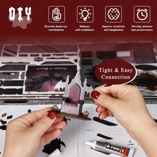 MiniCity Book Nook Kit, DIY Gothic Miniature Dollhouse for Adults, Teens and Beginners, 3D Wooden Puzzle with Holographic Laser Film & LED Light, Unique Gift for Family & Friends (Throne of Blood) - Image 6