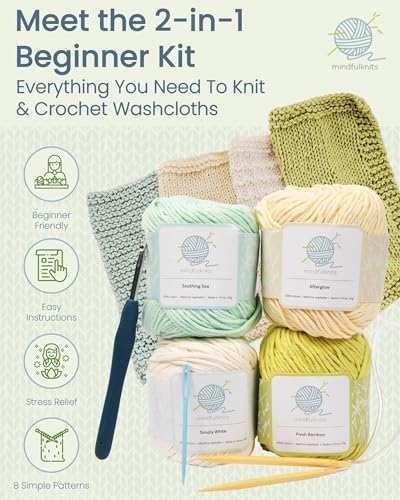 mindfulknits Knitting Kit for Beginners Adults with Knitting Needles, Yarn Needle & 100% Cotton Knitting Yarn (4) – Make Washcloths - Zen Basic Knitting Supplies Set for Relaxation & Stress Relief - Image 2