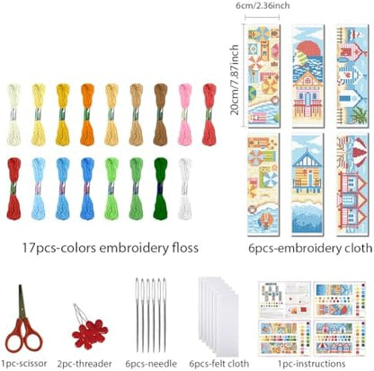 FREEBLOSS 6 Set Cross Stitch Bookmark Kits 8"x2.4" Summer Beach Scenery - Image 2