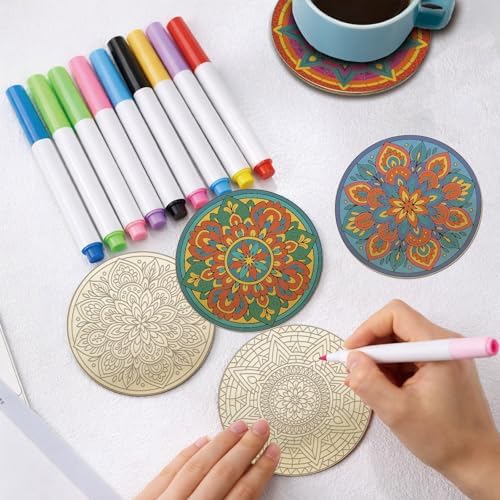 26PCS Wood Coasters Craft Kit 10 Paint You Own Coaster with 16 Markers Wooden Coasters Painting Set for Adults and Beginners DIY Coaster Kit Mandala Painting Crafts Art Supplies(Mandala) - Image 5