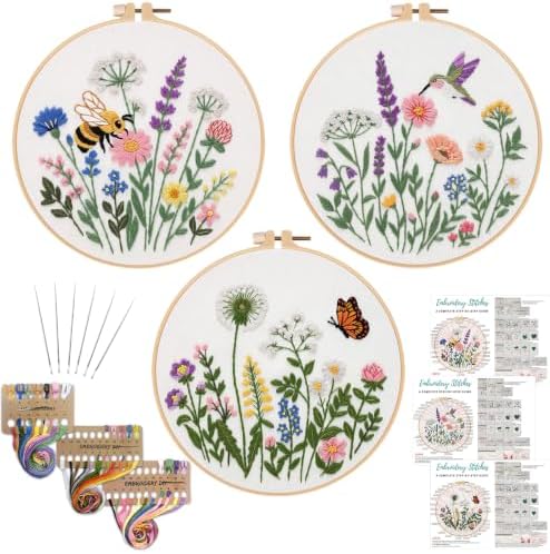 Nuberlic Embroidery Kit for Beginners, 3 Pack Floral Stamped Embroidery Starter Kit with Hoop, Pre Printed Flower Patterns, Threads, Needles and Step by Step Instructions, DIY Needlework Gift by Nuberlic