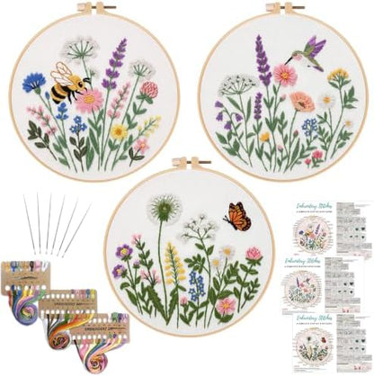 Nuberlic Embroidery Kit for Beginners, 3 Pack Floral Stamped Embroidery Starter Kit with Hoop, Pre Printed Flower Patterns, Threads, Needles and Step by Step Instructions, DIY Needlework Gift by Nuberlic