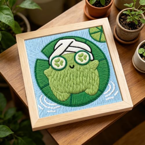 INFUNLY Fun Frog Punch Needle Kit for Adults Lotus Leaf Punch Needle Embroidery Kits for Beginners 9.4×9.4inch DIY Punch-Stitching Kit with Instruction Threader Needles Square Frame for Wall Decor - Image 6