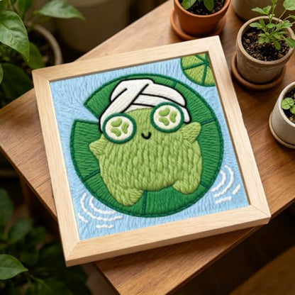 INFUNLY Fun Frog Punch Needle Kit for Adults Lotus Leaf Punch Needle Embroidery Kits for Beginners 9.4×9.4inch DIY Punch-Stitching Kit with Instruction Threader Needles Square Frame for Wall Decor - Image 6