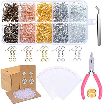 Paxcoo 1350pcs Earring Making Kit with Hooks, Rings, Pliers, Backs, Holder Cards and Clear Bags for DIY Earring Supplies and Findings by PAXCOO