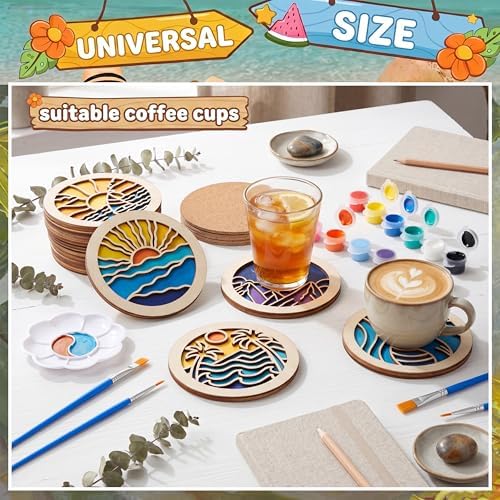 Dispowreath 12 Pcs Wooden Coasters Painting Kit Paint You Own Coaster Wooden Painting Craft Kit with Acrylic Paints and Brush for Adults and Beginners Coasters Landscape Crafts Art Supplies - Image 5