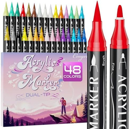 48 Colors Dual Tip Acrylic Paint Markers,Fine Tip and Brush Tip Permanent Acrylic Paint Pens For Rock Painting, Canvas, Wood, Glass, Ceramic, Fabric, Plastic, Egg, Scrapbook,Art Painting Supplies Kit by CoogertMarkers