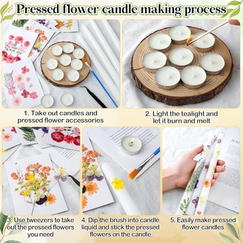 MTLEE 30 Pack Pressed Flower Candles Making Kit 6 Set Dried Pressed Flowers 12 White Taper 10 White Tealight Candles with Tweezers Brush for DIY Crafts Birthday Wedding Party Favors - Image 3