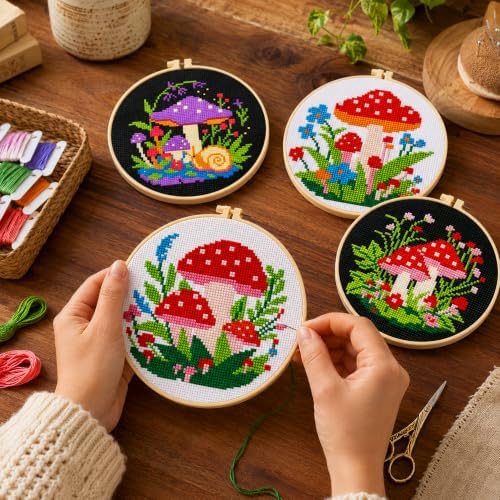 Zhenqing 4 Mushroom Cross Stitch Kit, 11CT Printed Fabric with Hoop - Image 3