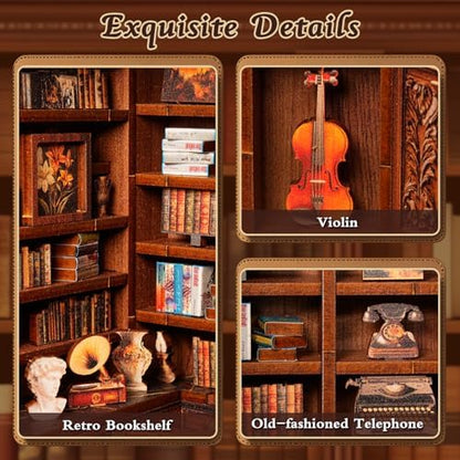 DIY Miniature House Kit, Library Book Nook Kit, 3D Wooden Puzzles Bookshelf Craft Kits, Dollhouse Kit with LED Light, Mini Building Kit for Adults Teen to Build (Retro Bookstore) - Image 4