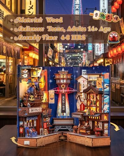 CUTEBEE Book Nook Kit for Adult, Japanese Foldable DIY Miniature House Kit, LED Booknook, Decorative Home Décor, Model Building Craft Gifts for Family Friends (Tsutenkaku Ichiban Street) - Image 2