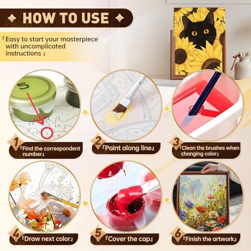 Qaisxoty Paint by Numbers Kit for Adults, Easy Cat Paint by Numbers with Rolled Canvas, Acrylic Paint, Brushes, Box, DIY Beginner Painting by Number Kit for Home Decor Gift - 12” x 16” - Image 6