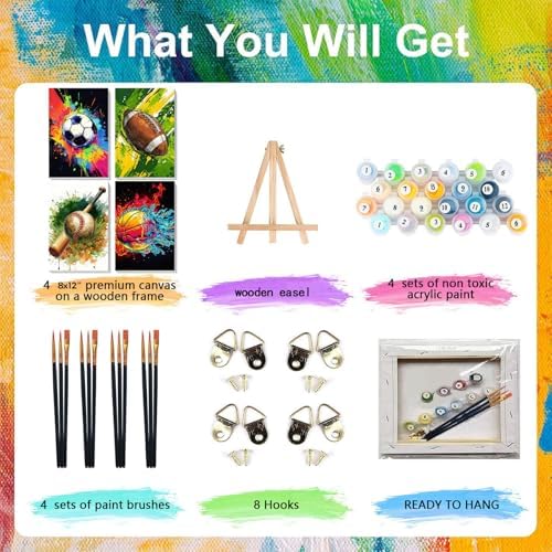 Ball Sports Paint by Numbers for Adults with Framed Canvas - Wooden Easel - Image 4