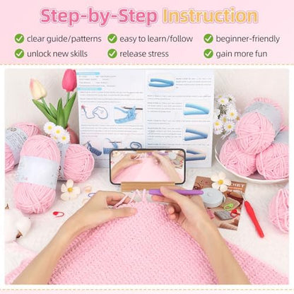 Aeelike Crochet Blanket Kit for Beginners, Easy Soft Crochet Kit, Pink - Image 4