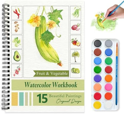 Watercolor Workbooks for Adults Beginners & Teens, 16 Colors 15 Beautiful Paintings, Pre-Outlined Designs, Easy Watercolor Art Book（Fruits & Vegetable） by Terself