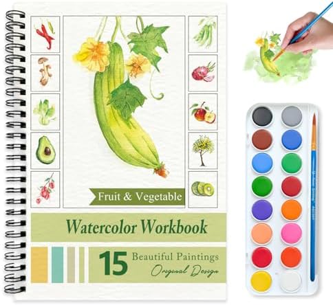 Watercolor Workbooks for Adults Beginners & Teens, 16 Colors 15 Beautiful Paintings, Pre-Outlined Designs, Easy Watercolor Art Book（Fruits & Vegetable） by Terself