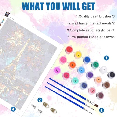 Lxmsja Eiffel Tower Paint by Numbers Kit for Adults, Night Sky Acrylic Paint by Numbers for Adults Beginner, DIY Craft Supplies Oil Painting Kits for Home Wall Decor 16x20 inch (No Frame) - Image 5