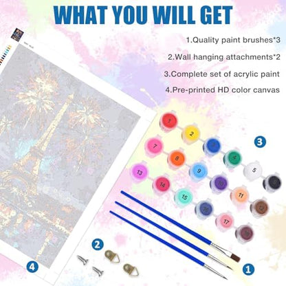 Lxmsja Eiffel Tower Paint by Numbers Kit for Adults, Night Sky Acrylic Paint by Numbers for Adults Beginner, DIY Craft Supplies Oil Painting Kits for Home Wall Decor 16x20 inch (No Frame) - Image 5
