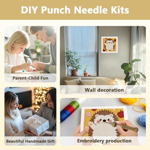 Doodlream Standing Hedgehog Needle Kit for Beginner, 9.4"x 9.4" Cute Animal Punch Stitching Craft Set, Color DIY Embroidery Starter with Printed Frame, Instruction, Threader, Yarn, Pinch Needle - Image 4