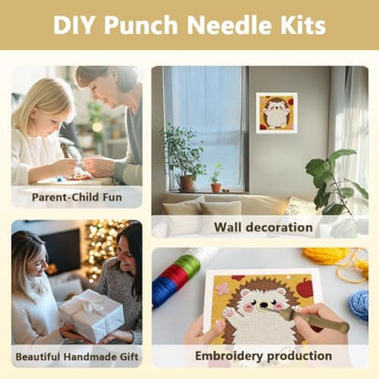 Doodlream Standing Hedgehog Needle Kit for Beginner, 9.4"x 9.4" Cute Animal Punch Stitching Craft Set, Color DIY Embroidery Starter with Printed Frame, Instruction, Threader, Yarn, Pinch Needle - Image 4