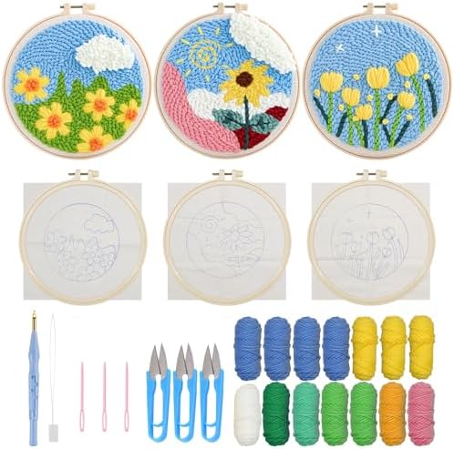 Allazone 3 Set Punch Needle Embroidery Starter Kits, DIY Craft Punch Needle Kits with Flower Pattern, Plastic Hoop, Yarn, Embroidery Handle Needle Pen and Instruction by Allazone