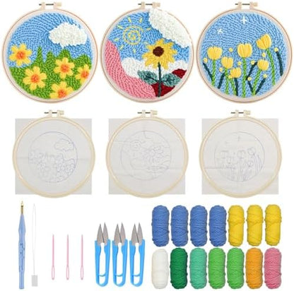 Allazone 3 Set Punch Needle Embroidery Starter Kits, DIY Craft Punch Needle Kits with Flower Pattern, Plastic Hoop, Yarn, Embroidery Handle Needle Pen and Instruction by Allazone