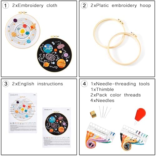 Armindou Embroidery Kit for Adults Beginners, Hand Embroidery Starter Kit with Solar System Patterns, Counted Stamped Cross Stitch Needlepoint Kit for Beginner Adult, 2 Set Embroidery Supplies/Hoop - Image 6