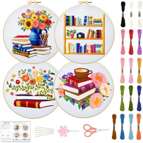 BEUNITONE 4 Set Book Flower Embroidery Kit for Adult Beginners 7.9x7.9 DIY Cross Stitch Kits Needlepoint Starter Kit with Pre-Printed Design and Hoops, Stamped Embroidery Kit for Home Ofiice Decor by BEUNITONE