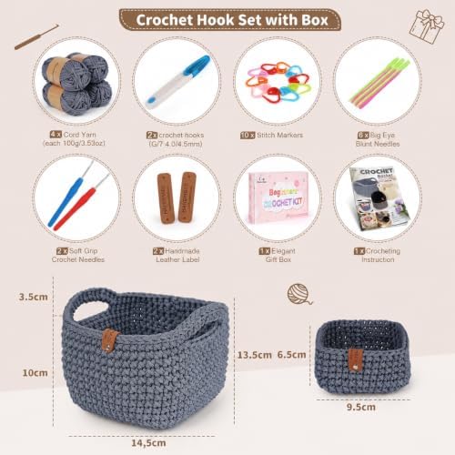 27PCS Crochet Basket Kit for Beginners,Grey Square Basket,Gift Box Package - Image 2