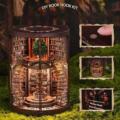 Book Nook Kits for Adults Fantasy 3D Puzzle Library Booknook Kit with Dust Cover Wisdom Book Repository Round Bookshelf Decor Wooden DIY Spiral Staircase Miniature Dollhouse Book House - Image 2