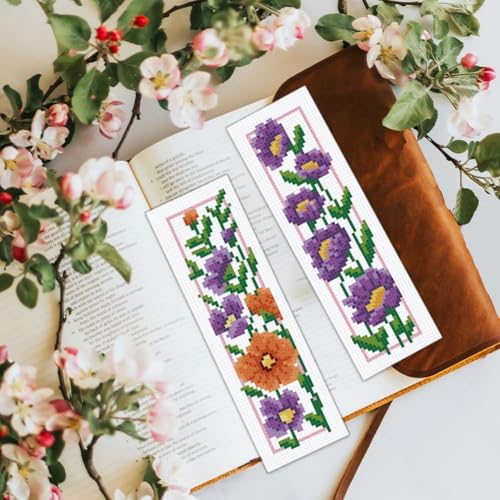 BEUNITONE 6 Set Floral Bookmark Cross Stitch Kits for Beginners with Instructions Floral Bookmarks Cross-Stitch Kit Stamped Embroidery Bookmark DIY Crafts Book Marker for Book Lovers 8''x2.4'' 11CT - Image 7