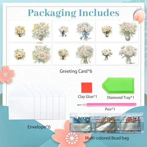 MVVMTOP 6pcs Diamond Art Painting Greeting Card, Bouquet DIY Daisy Diamond Art Greeting Card for Blessing and Wishe Special Shaped Diamond Arts Crafts for Birthday Thanksgiving Day - Image 3