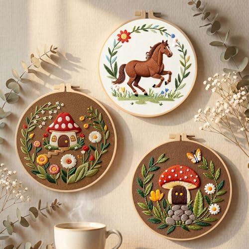 Santune 3 Pack Embroidery Kit Cross Stitch Needlepoint Kits for Beginners Adult Needle Point Sets with Mushroom & Horse Embroidery Patterns, Includes Step-By-Step Instructions & Accessories - Image 6