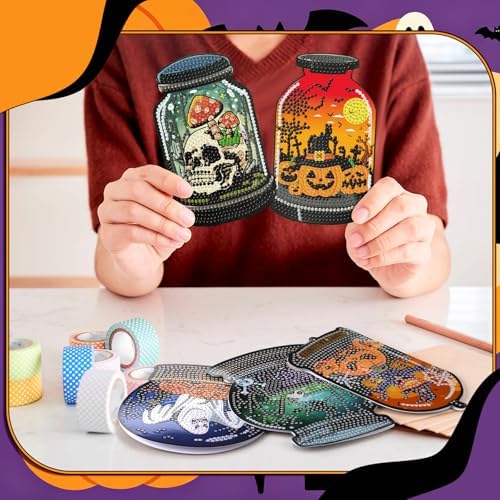 Saillong 12 Pack Halloween Diamond Painting Greeting Card Kits DIY Halloween Diamond Art Cards with Envelopes Bat Black Cat Pumpkin 5D Rhinestones Painting Kit for Adults DIY Craft Family Friend Gifts - Image 3