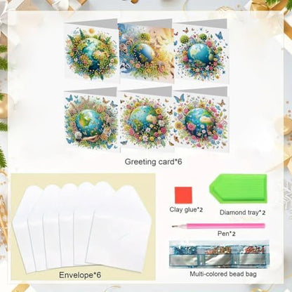 jinglinhh 6pcs Diamond Art Painting Earth Flowers Tree Greeting Cards with Envelopes, DIY Card Making Kits for Adults, Diamond Art Postcards Christmas Cards Craft Gifts - Image 3